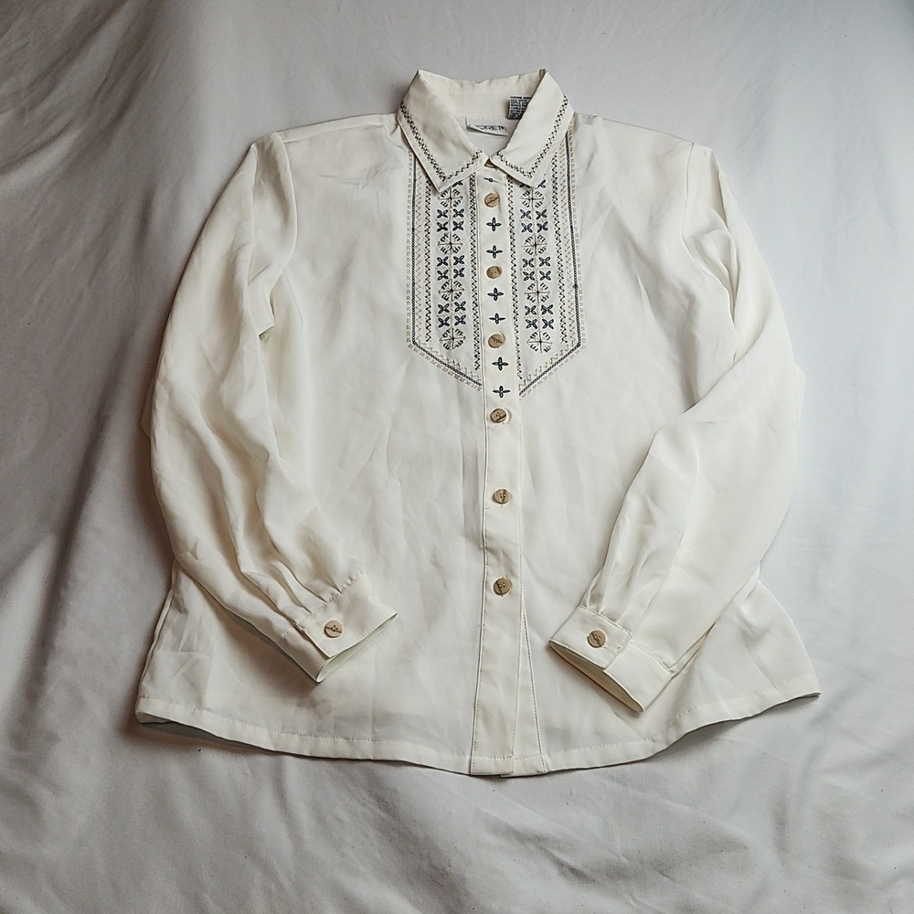 Koret Button-Down Blouse Embroidered Bib Cream White Women's Size 8